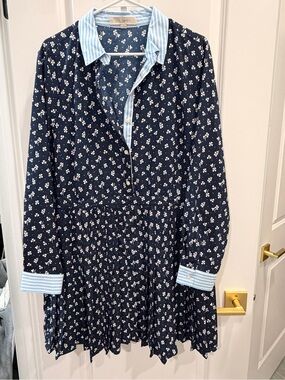 LOFT Navy Floral Button-Front Dress with Light Blue Striped Collar